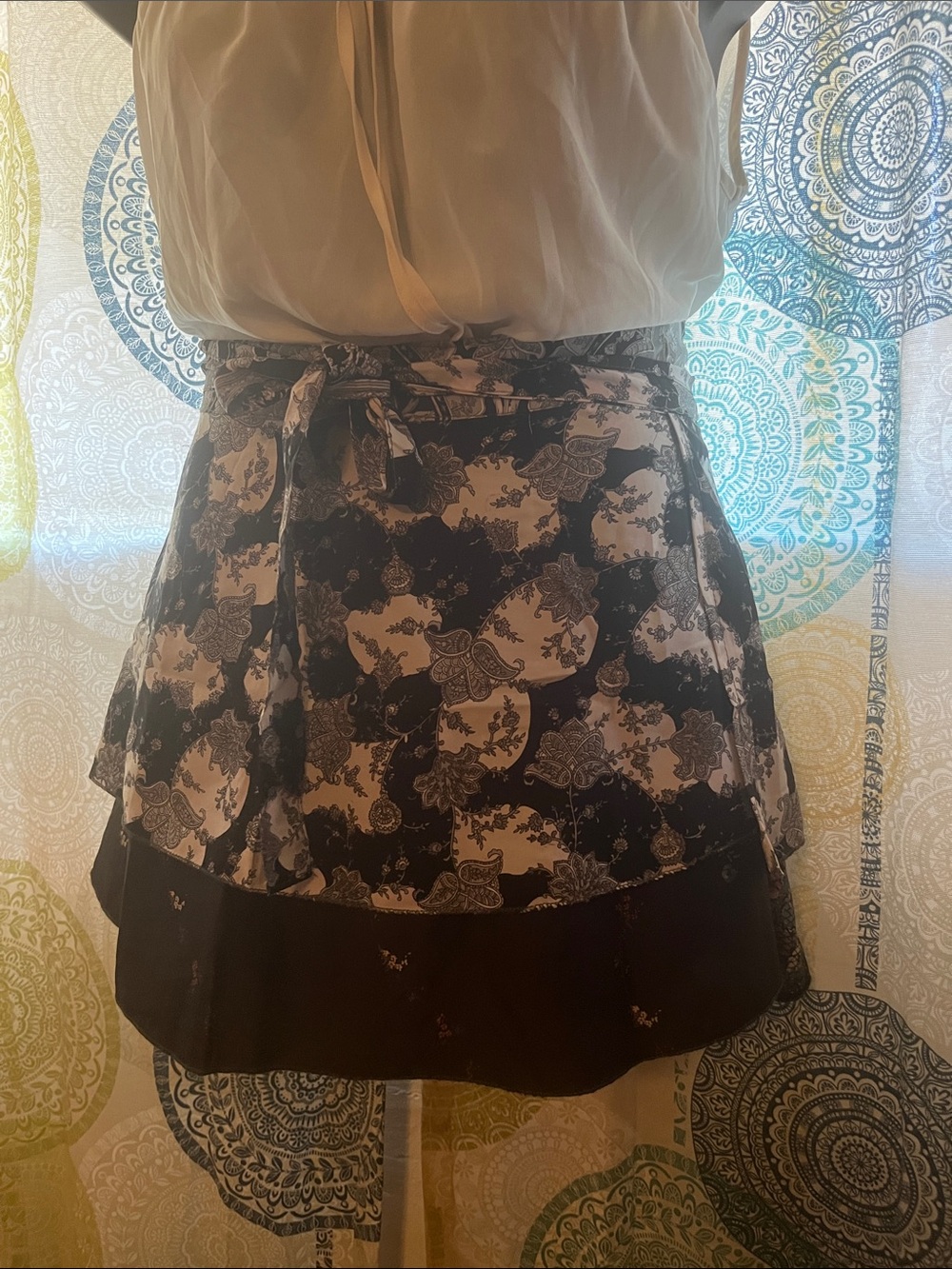 Floral Tiered Wrap Skirt in Black and Cream